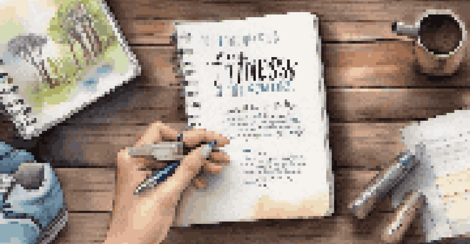 A person writing fitness goals in a journal, surrounded by motivational elements and running gear.