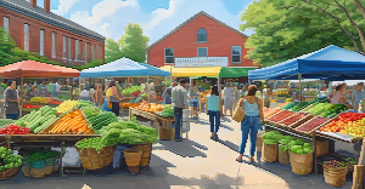 A bustling farmer's market in a community garden, featuring colorful fruits and vegetables, with vendors and families amidst the greenery.