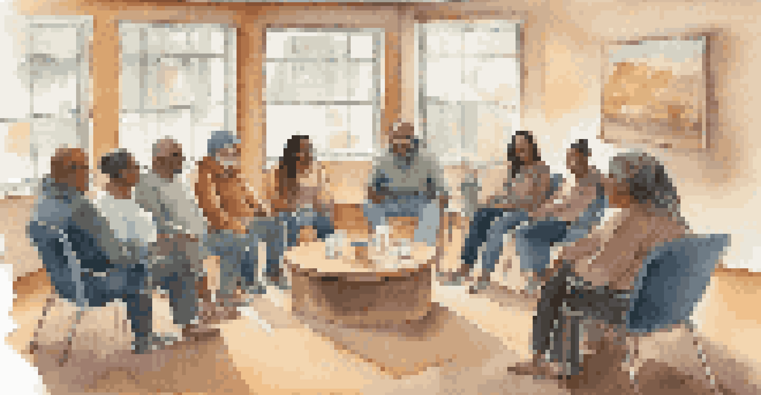 A warm support group meeting with individuals sharing experiences in a cozy community center.