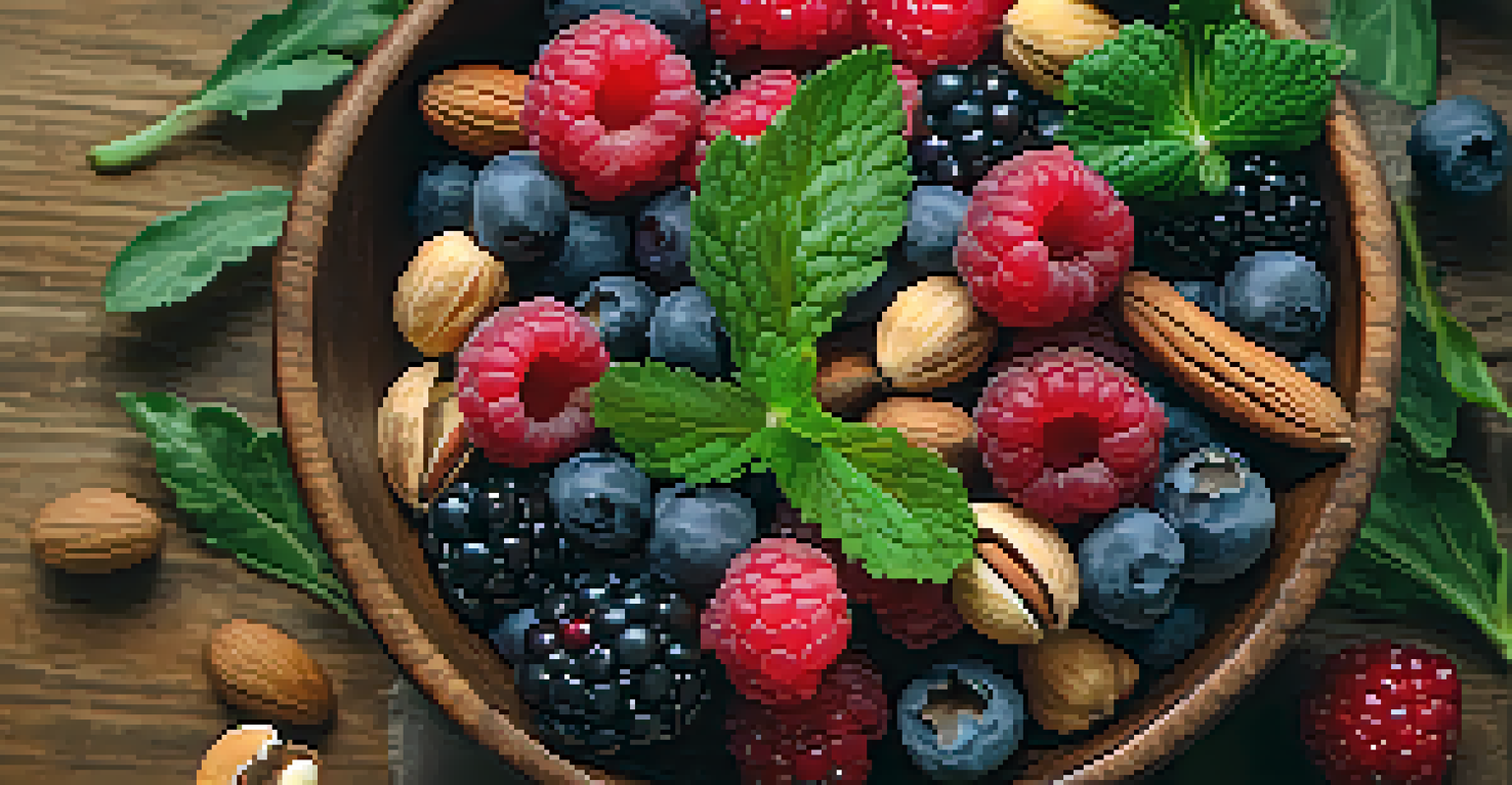 An overhead view of a bowl filled with berries, nuts, and leafy greens on a wooden table with a linen napkin.