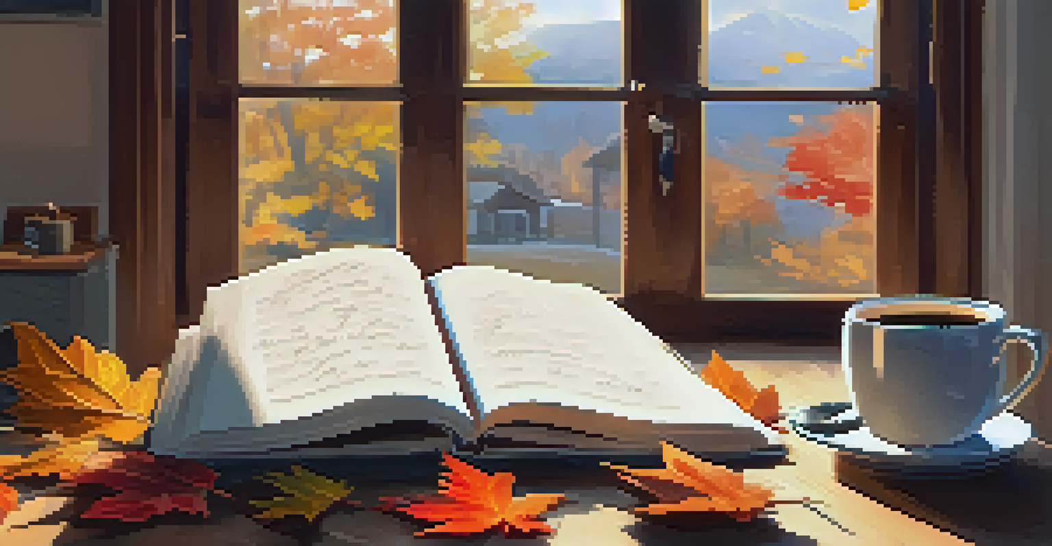 A person writing in a gratitude journal by a window with a cup of coffee, surrounded by autumn scenery.
