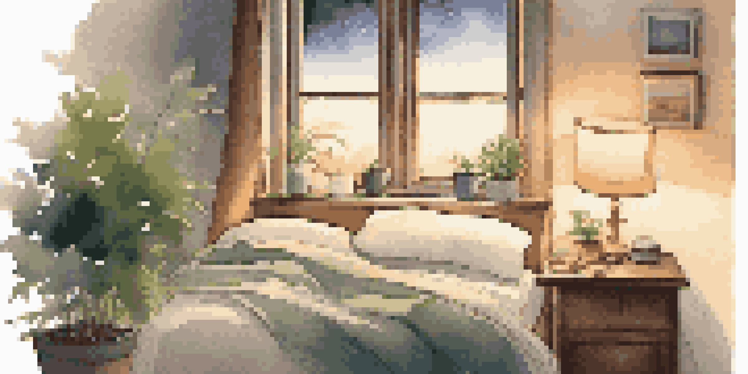A cozy bedroom with a soft bed, warm lighting, and a starry night view through the window.