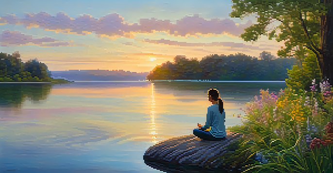 A person meditating by a peaceful lake at sunrise, surrounded by nature and colorful reflections on the water.