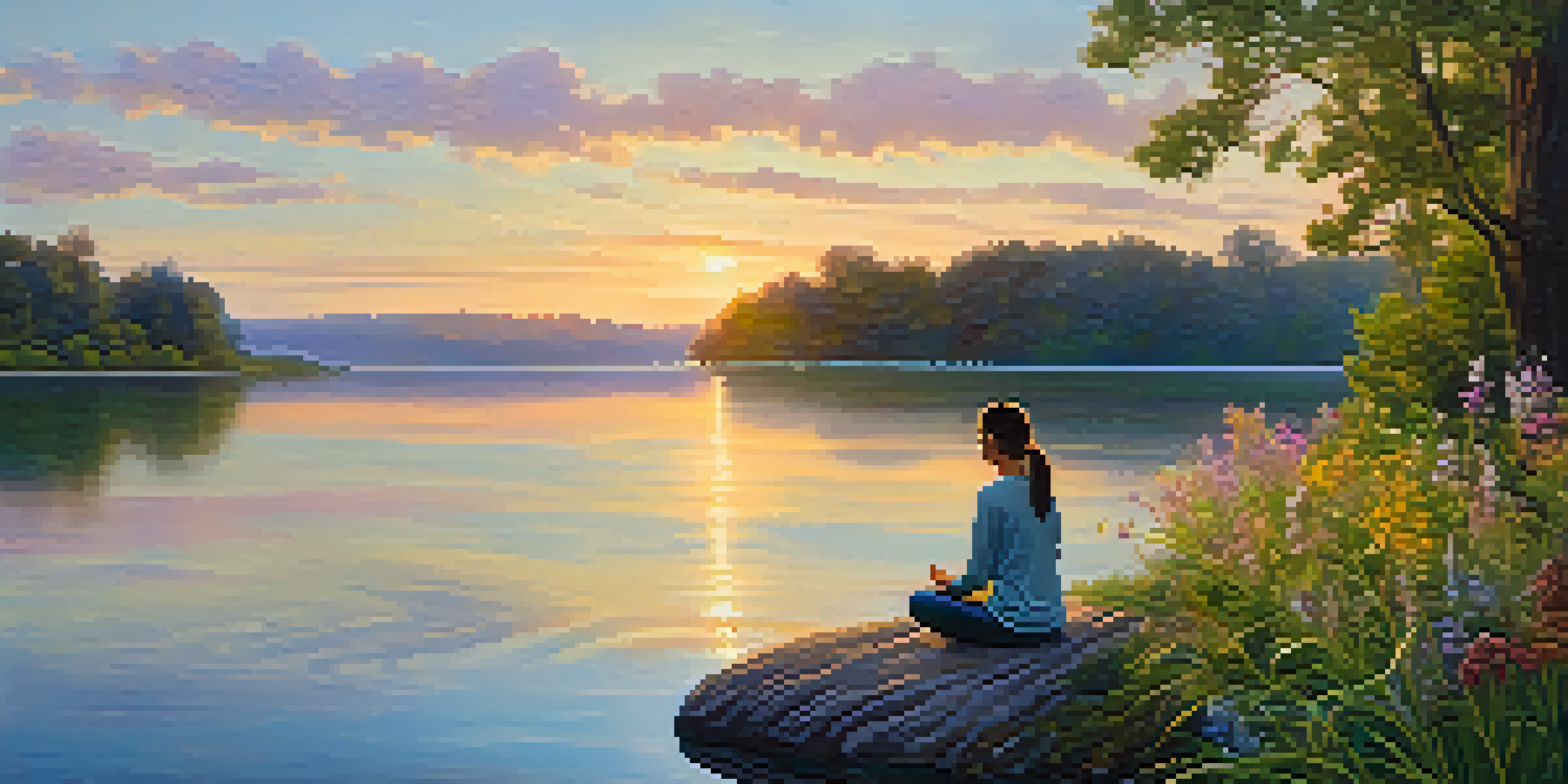 A person meditating by a peaceful lake at sunrise, surrounded by nature and colorful reflections on the water.