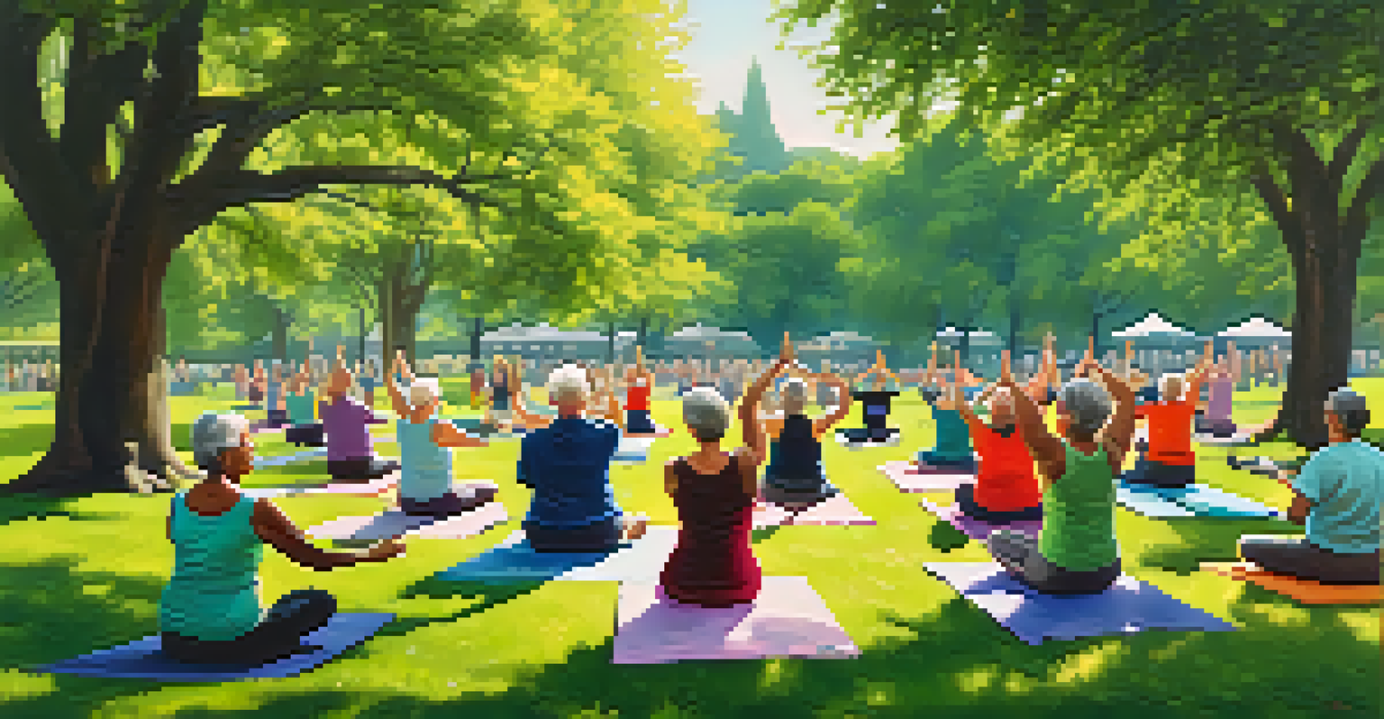 A group of seniors practicing yoga outdoors in a park, doing tree pose under large trees.