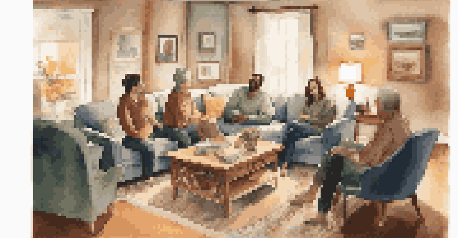 A group of friends sitting in a cozy living room, engaged in a heartfelt discussion, with warm lighting and personal decorations around them.