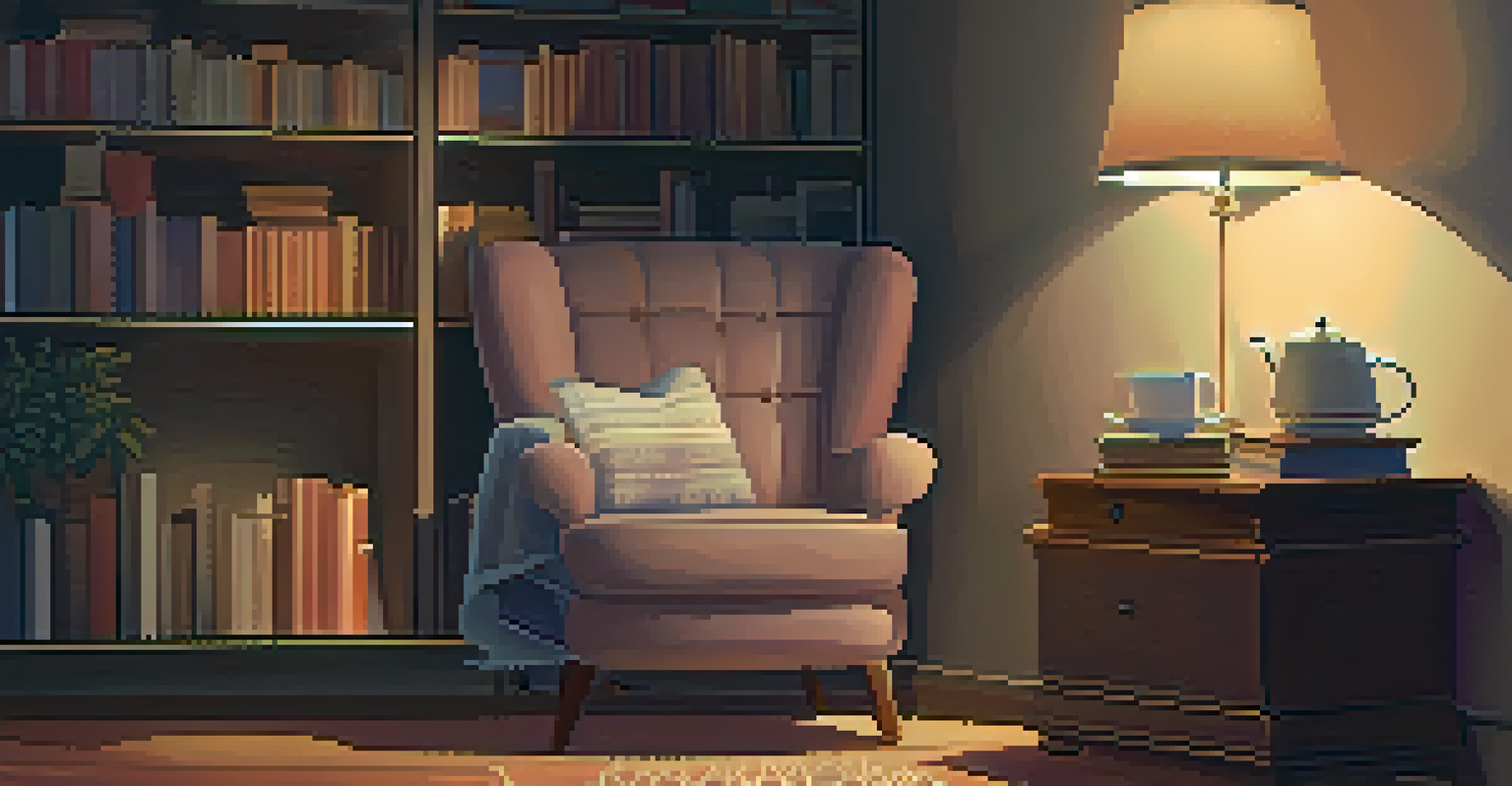 A cozy living room corner with an armchair, a blanket, books, and a cup of tea, softly lit for relaxation.