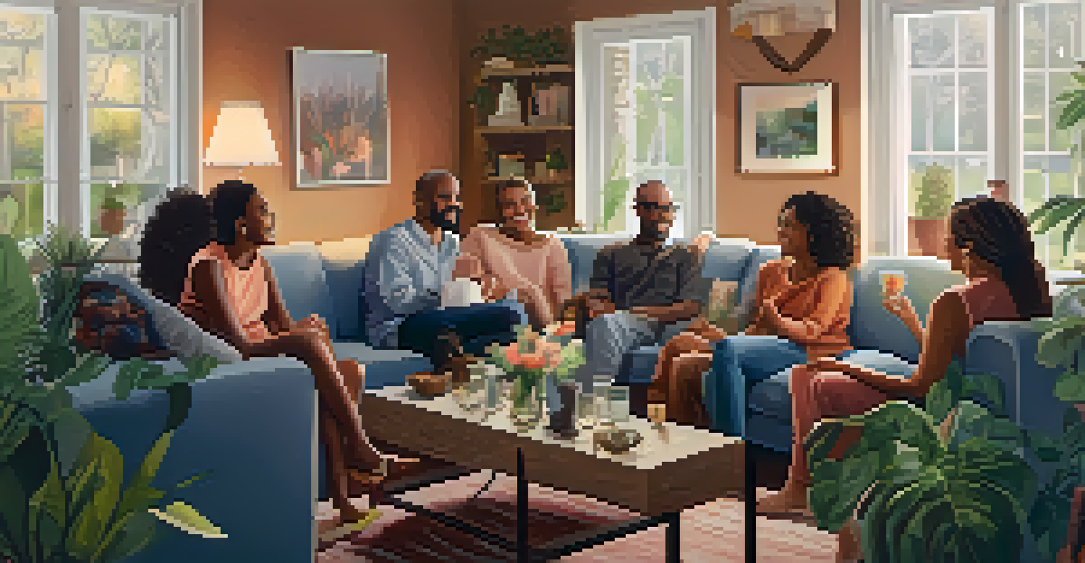 A diverse group of people enjoying a cozy gathering in a living room.