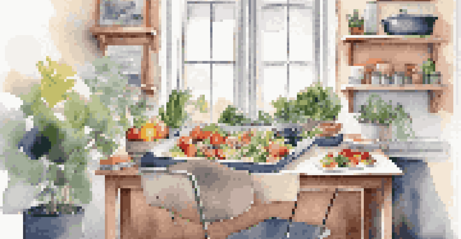 A home workspace with a desk displaying healthy meal prep containers, fruits, and a water bottle, bathed in natural light from a window.
