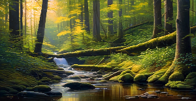 A peaceful forest with tall trees, sunlight filtering through the leaves, a stream, and wildflowers.