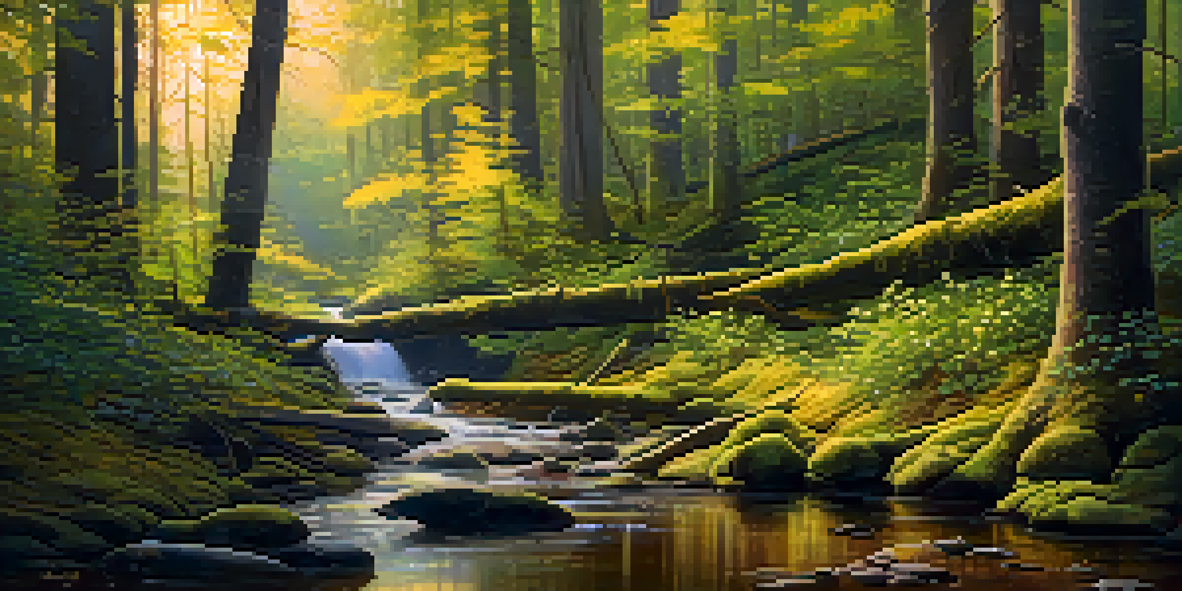 A peaceful forest with tall trees, sunlight filtering through the leaves, a stream, and wildflowers.