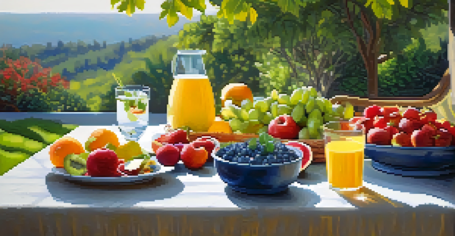 A beautifully arranged table with a fresh salad and fruits, set outdoors to promote mindful eating.