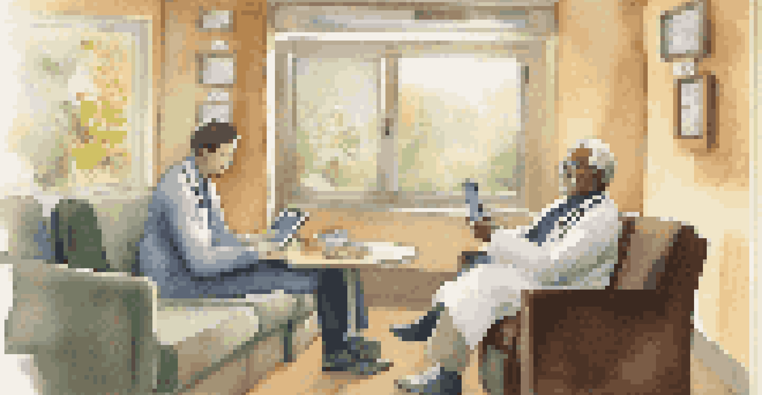 A patient and doctor discussing health information on a tablet in a cozy consultation room with soft lighting and warm decor.
