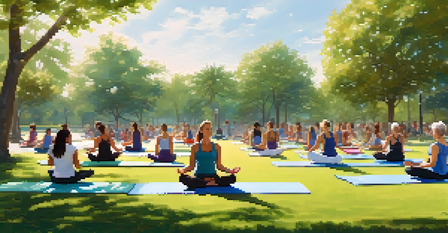 A diverse group of individuals participating in a gentle yoga class outdoors in a park, surrounded by nature.