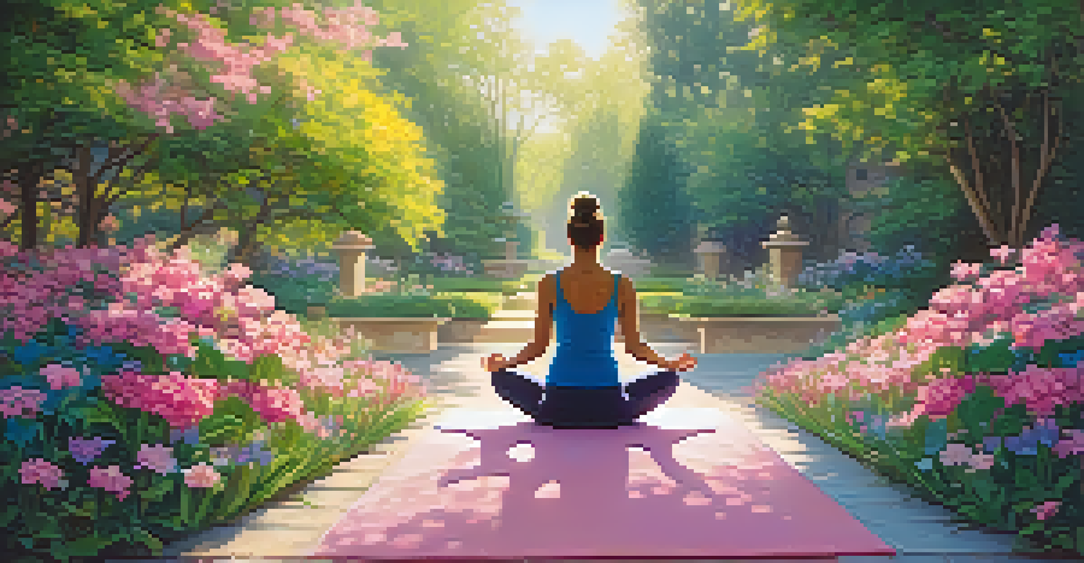 A figure practicing yoga in a blooming garden with colorful flowers along a path, under soft sunlight.