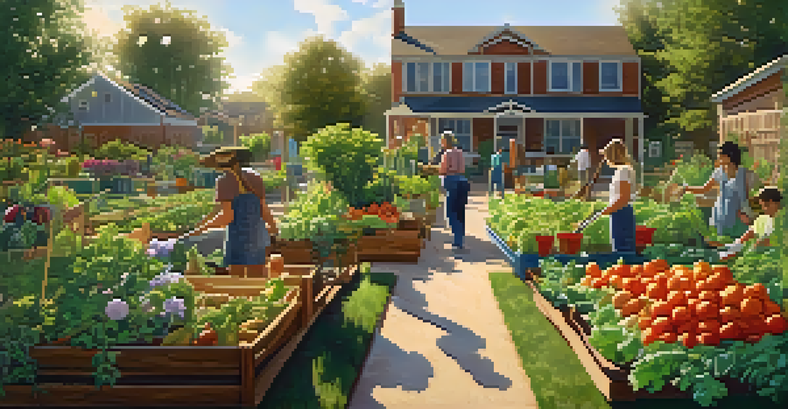 A serene community garden in the late afternoon, showcasing individuals engaged in gardening activities amidst lush greenery and vibrant vegetables.