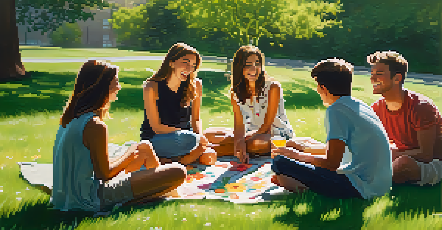 Friends sitting in a circle in a park, sharing gratitude and laughter, with blooming flowers and sunlight creating a cheerful environment.