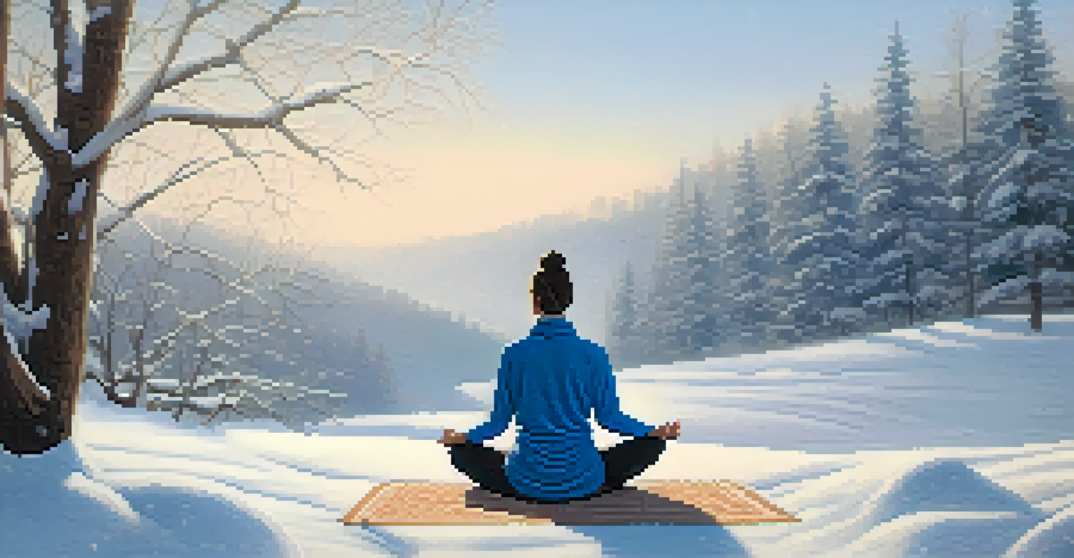 A person meditating in a snowy outdoor setting, surrounded by falling snowflakes.