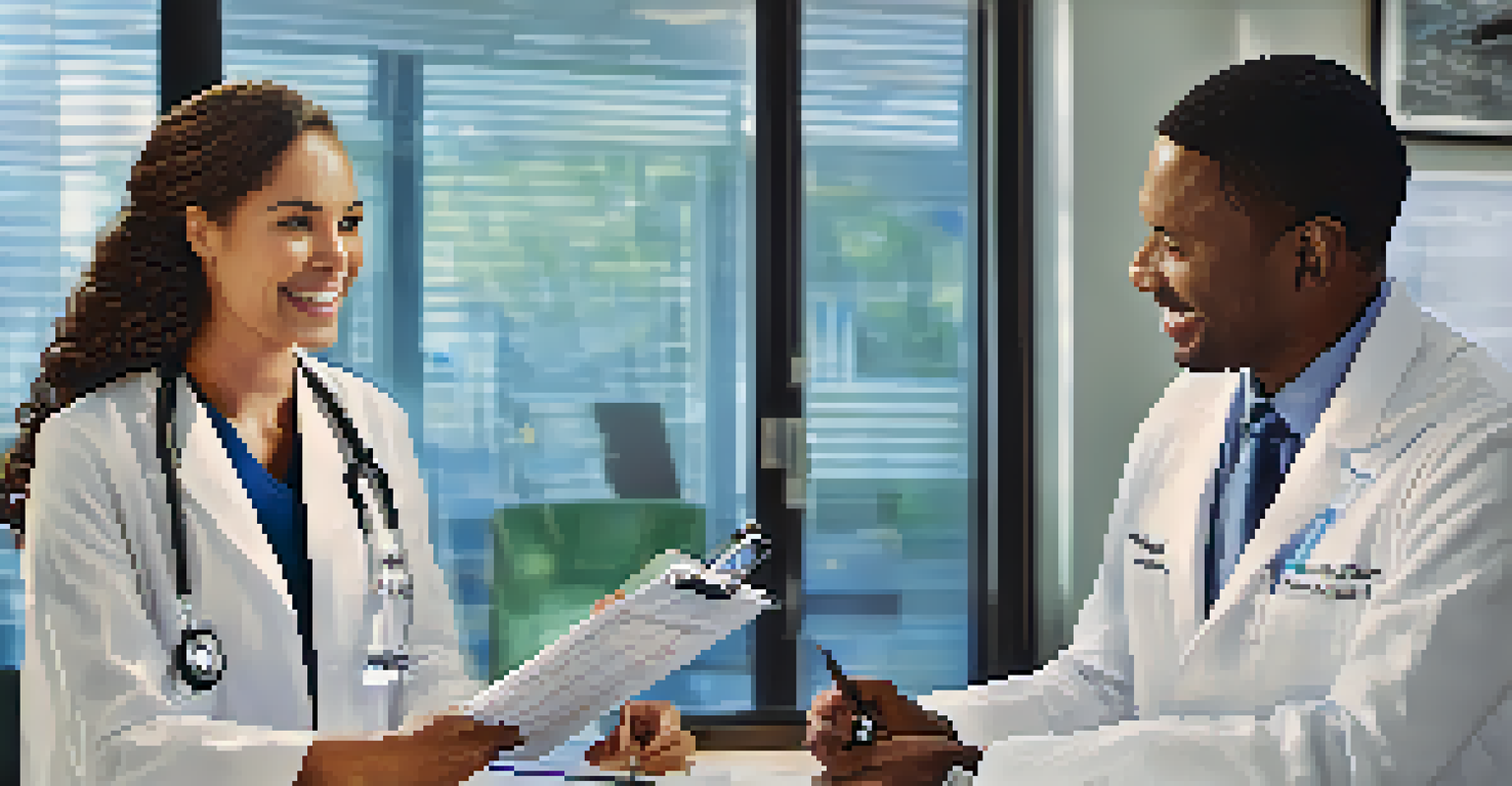 A healthcare provider discussing with a patient in a well-organized medical office, both appearing comfortable and engaged.
