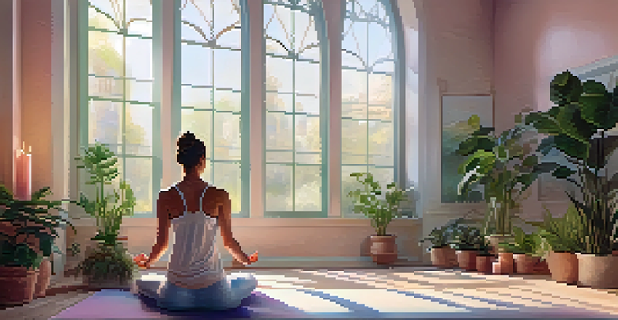 A calm yoga studio with a person meditating on a mat, surrounded by greenery and soft lighting.