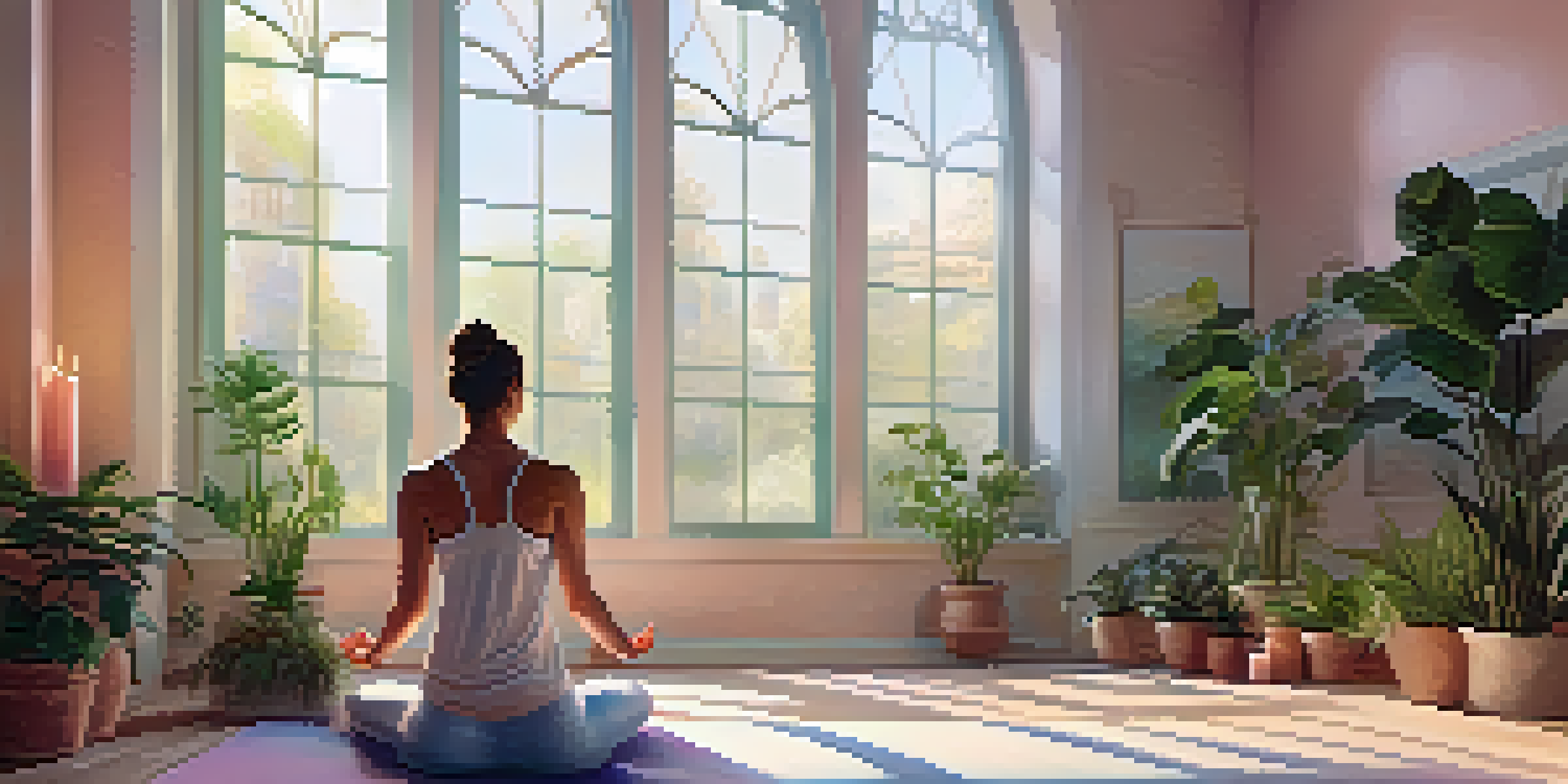 A calm yoga studio with a person meditating on a mat, surrounded by greenery and soft lighting.