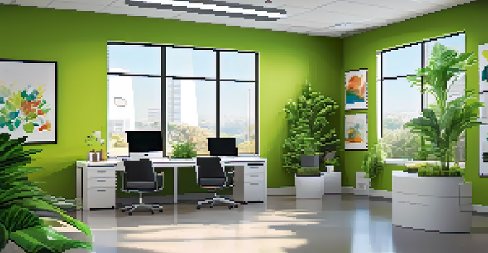 A modern office with large windows, comfortable furniture, and plants, designed to promote productivity and creativity.
