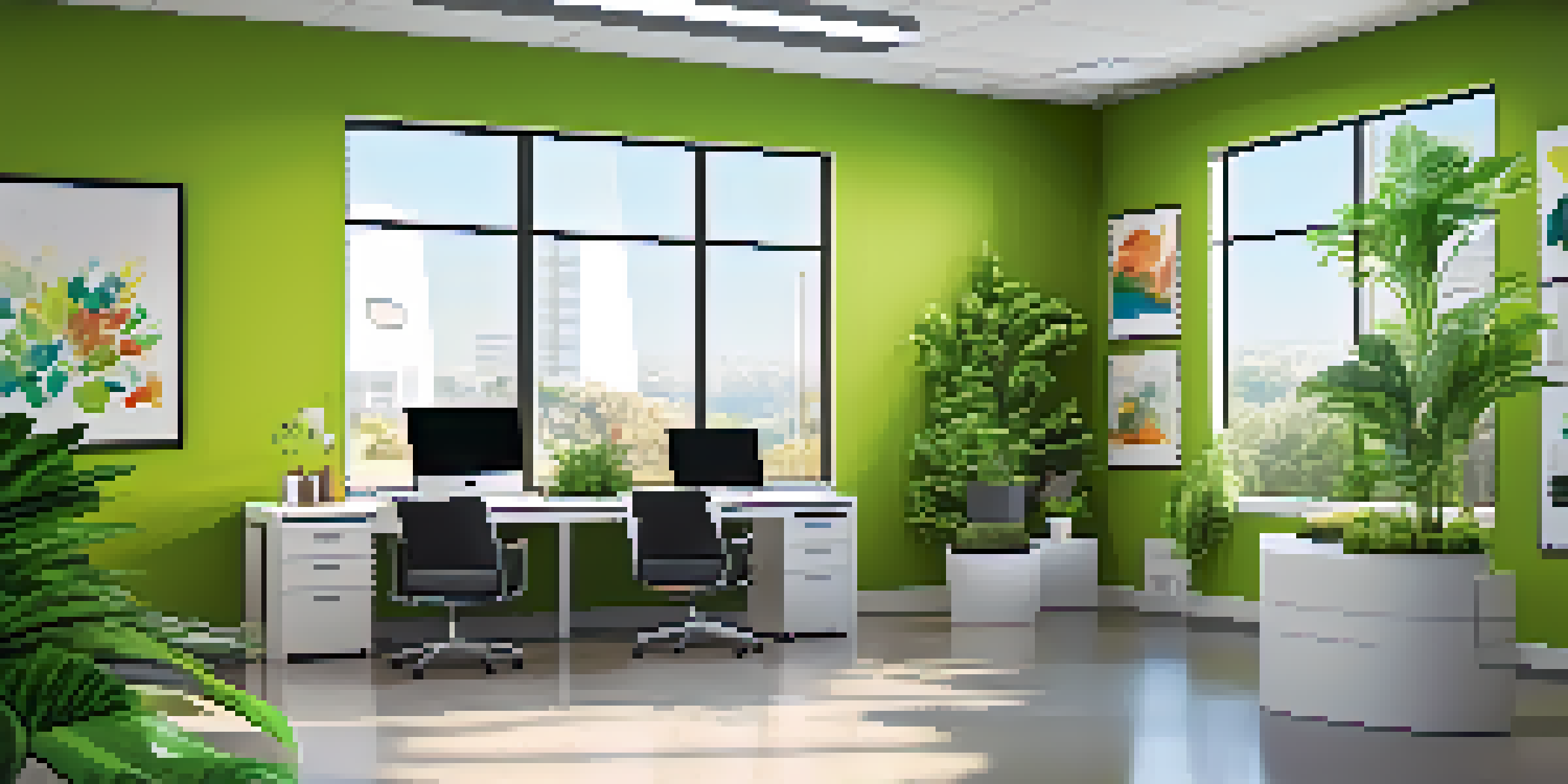 A modern office with large windows, comfortable furniture, and plants, designed to promote productivity and creativity.