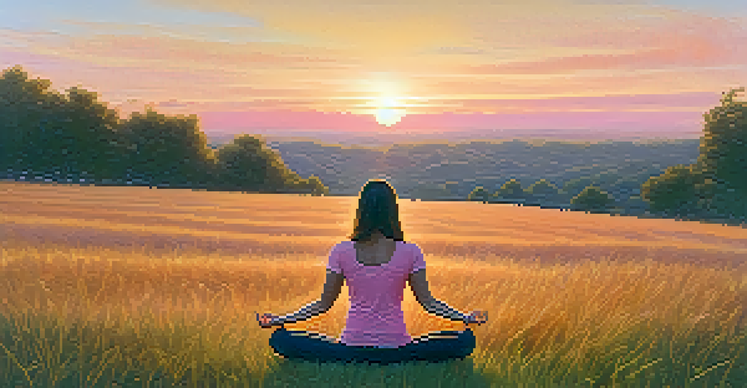 A woman practicing yoga on a grassy field at sunset, with warm sky colors, embodying tranquility and self-care.