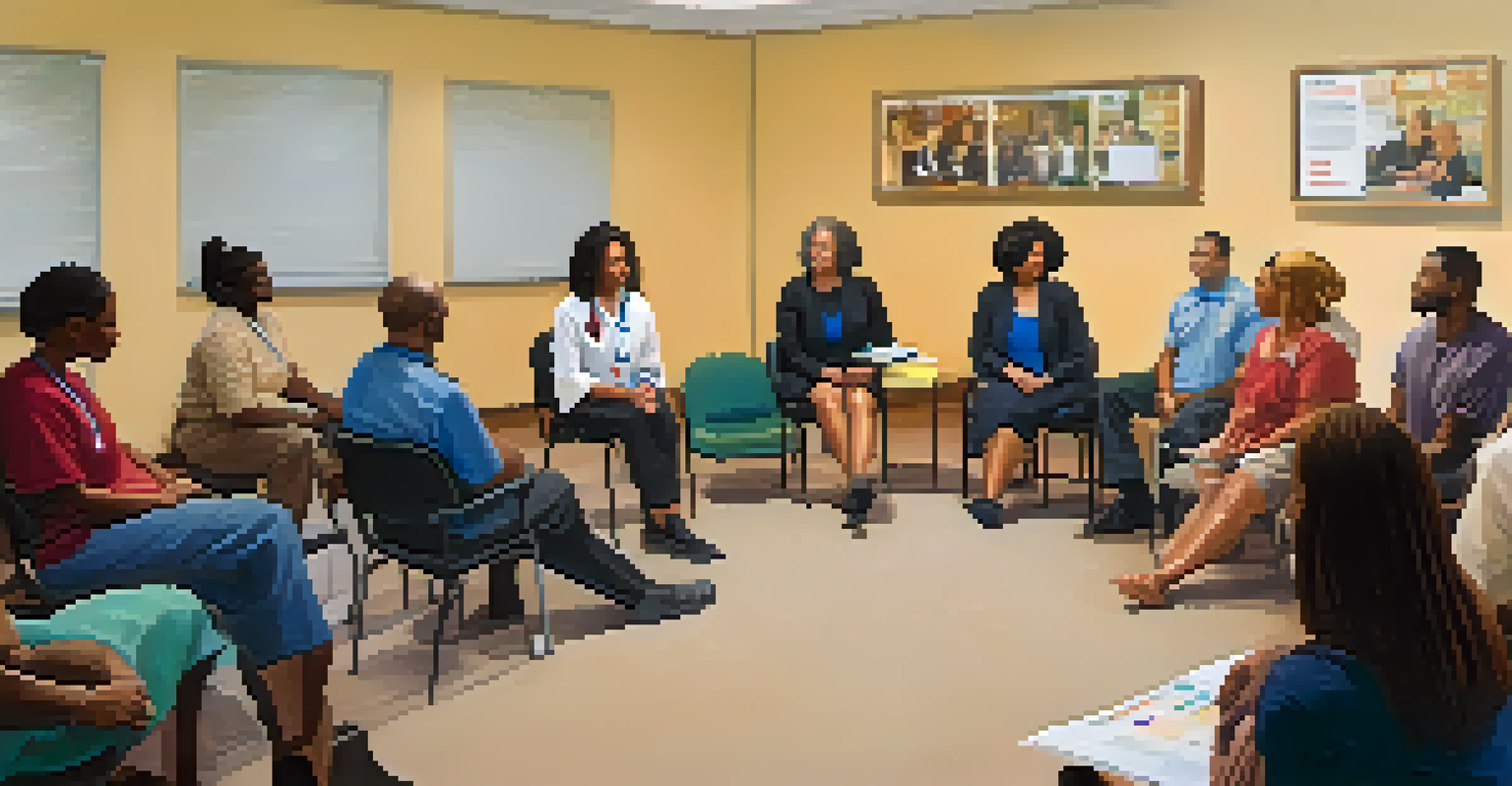 Inside a faith-based organization, a diverse group of people is seated in a circle, listening to a healthcare professional during a health information session in a warmly lit room.