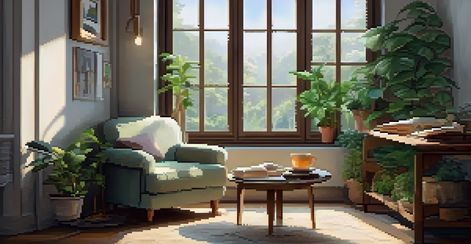A cozy reading nook with an armchair, a cup of tea, an open journal, and plants in a softly lit room.