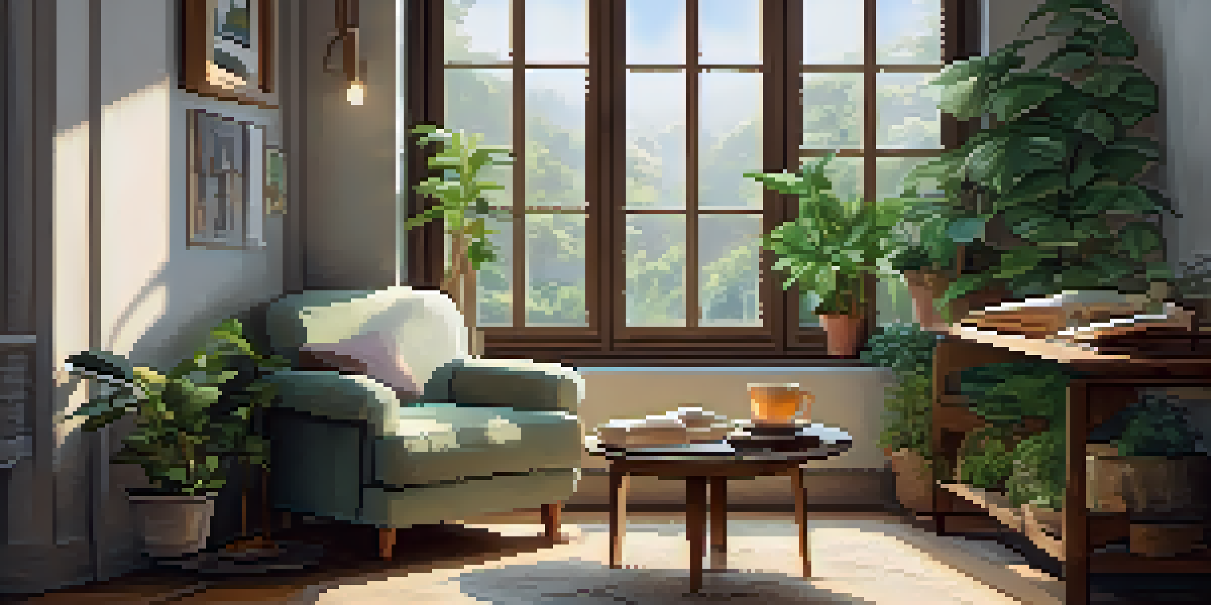 A cozy reading nook with an armchair, a cup of tea, an open journal, and plants in a softly lit room.