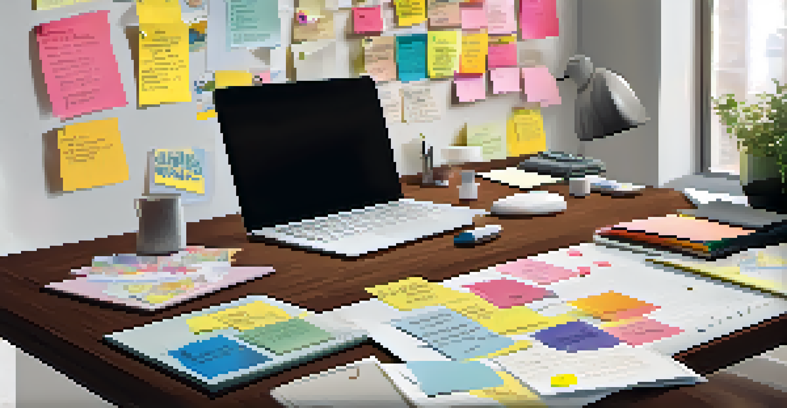 A workspace with a vision board, motivational quotes, and a cup of tea, representing goal planning and inspiration.