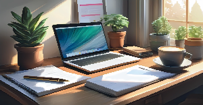 A peaceful workspace with a laptop, notepad, coffee cup, and a potted plant, illuminated by sunlight.