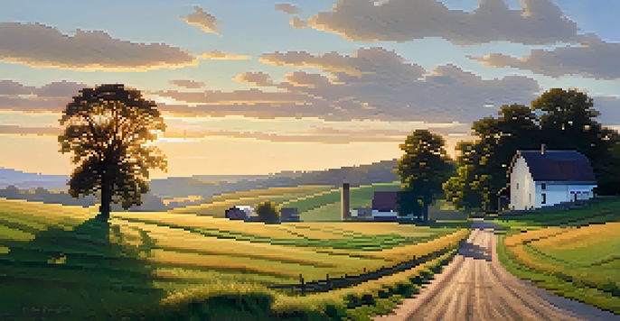 A peaceful rural scene with a farmhouse and rolling hills at sunrise, showcasing green fields and a dirt road.