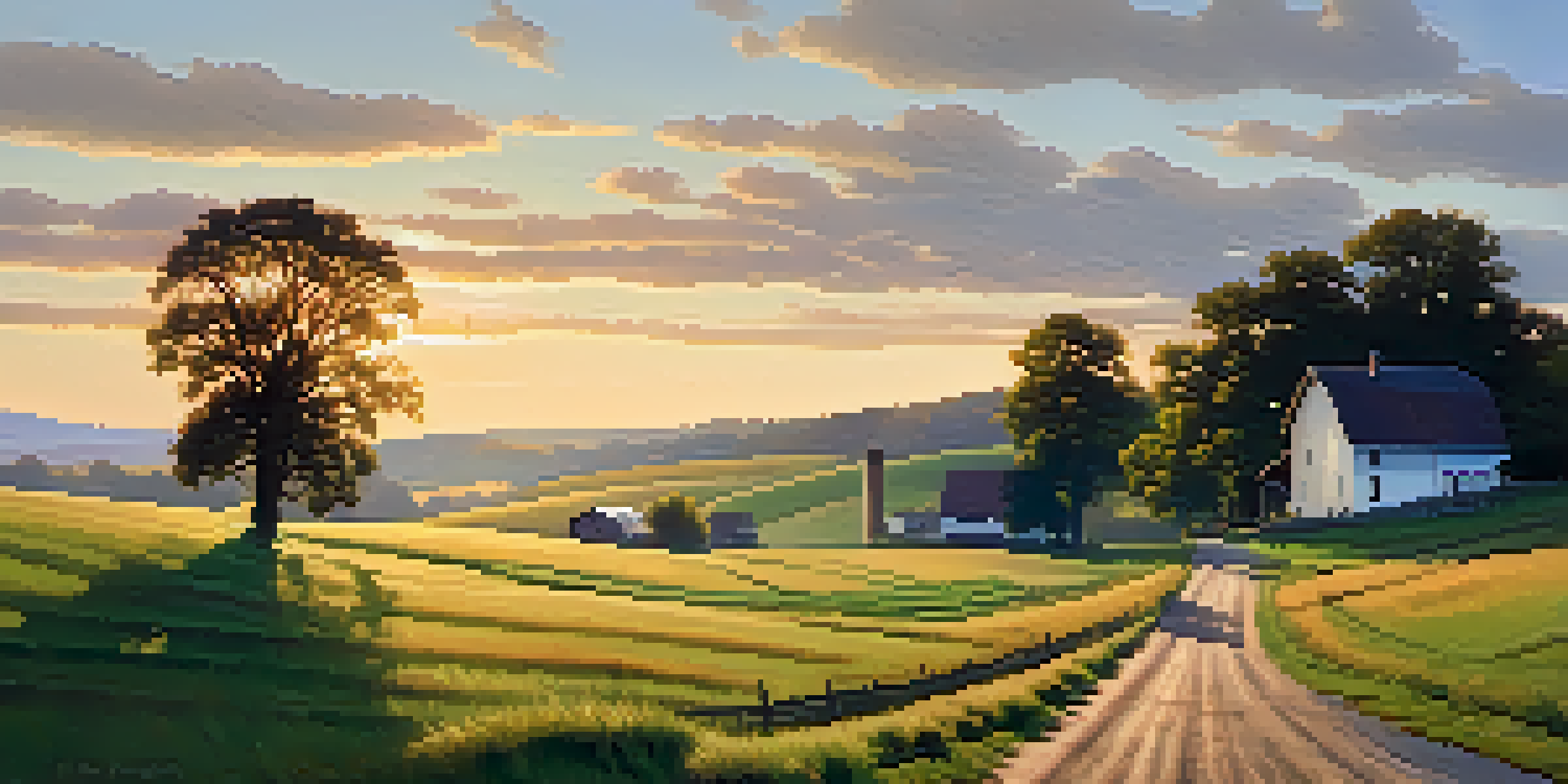 A peaceful rural scene with a farmhouse and rolling hills at sunrise, showcasing green fields and a dirt road.