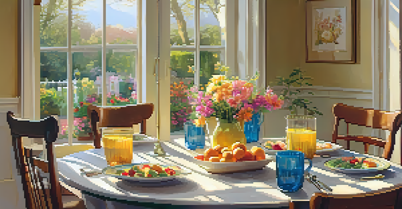 A cozy family dining table set for a meal with colorful plates and flowers, creating a warm atmosphere.