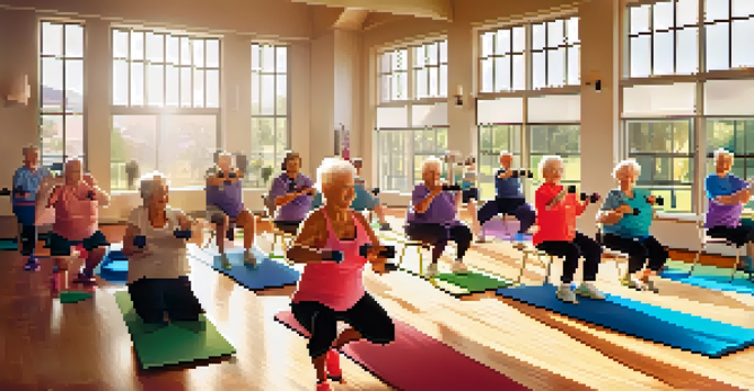 A group of seniors participating in a lively fitness class, engaging in different circuit training exercises in a well-lit gym.