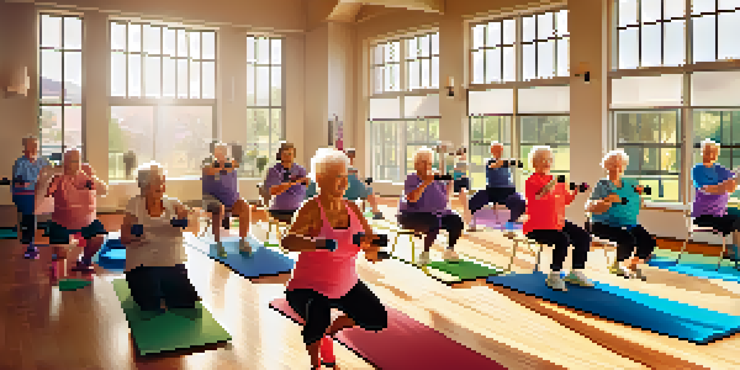 A group of seniors participating in a lively fitness class, engaging in different circuit training exercises in a well-lit gym.