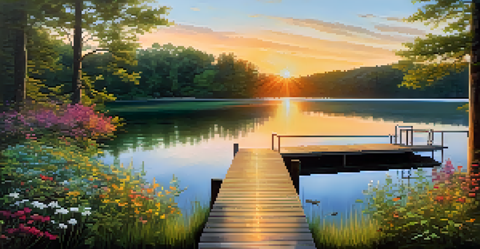 A peaceful lakeside view at sunset, with a wooden dock and blooming wildflowers.