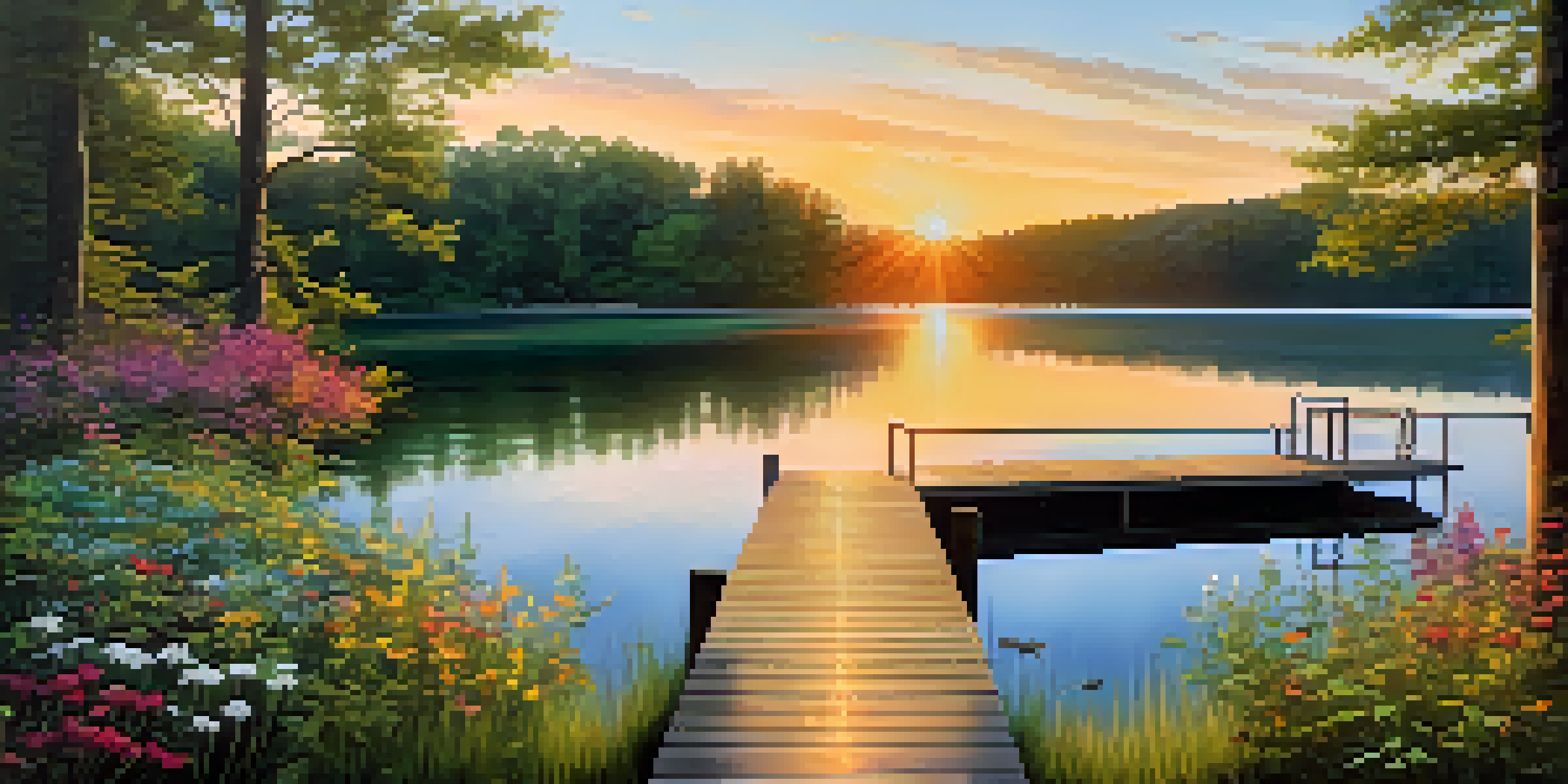 A peaceful lakeside view at sunset, with a wooden dock and blooming wildflowers.