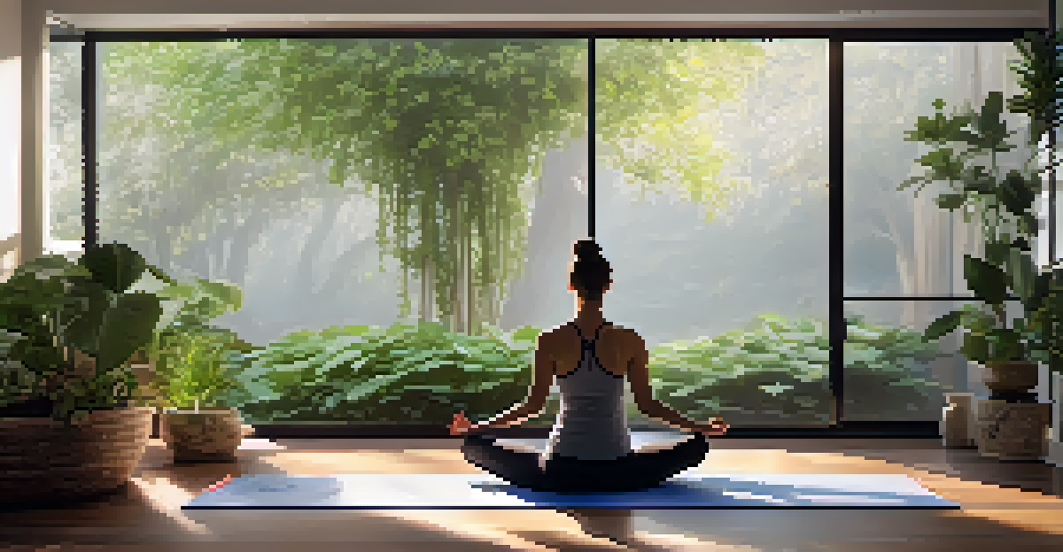 A person in a yoga pose on a mat in a calm room, with candles and plants, and a view of a peaceful garden through the window.
