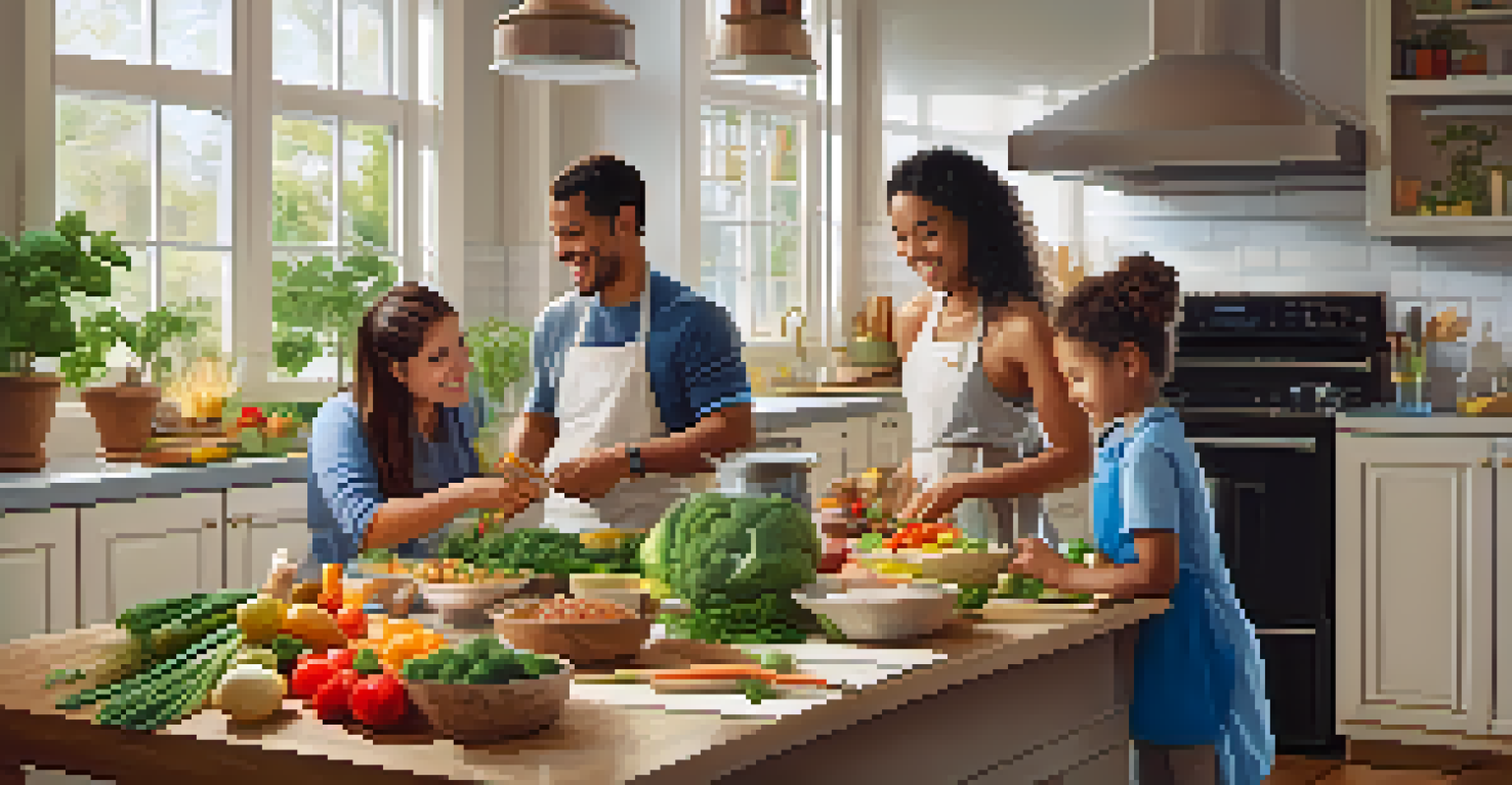 A family cooking together in a cozy kitchen, preparing a nutritious meal with fresh ingredients.