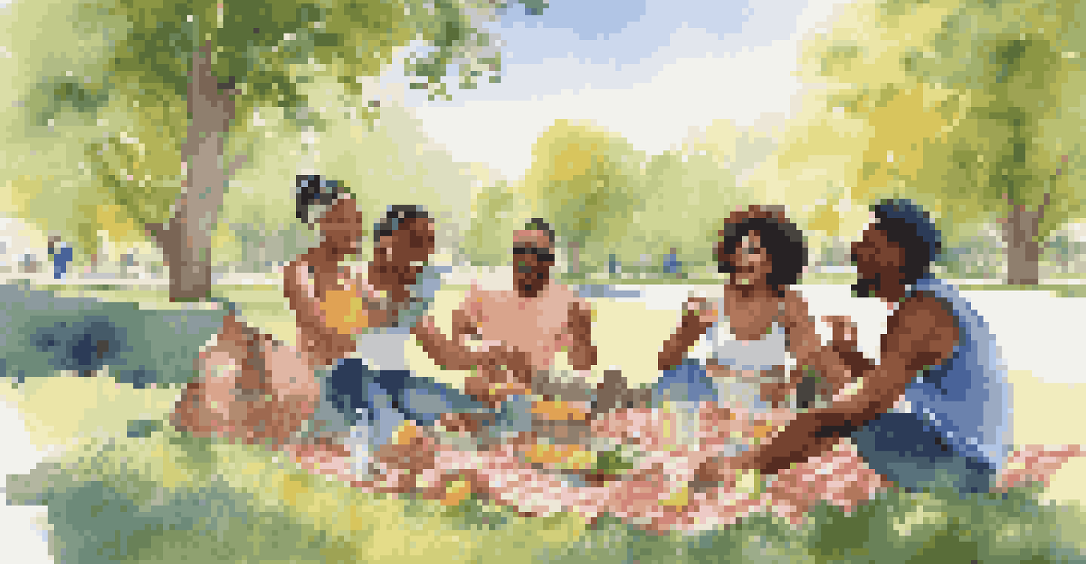 A group of friends having a picnic in a sunny park, showcasing social connections.