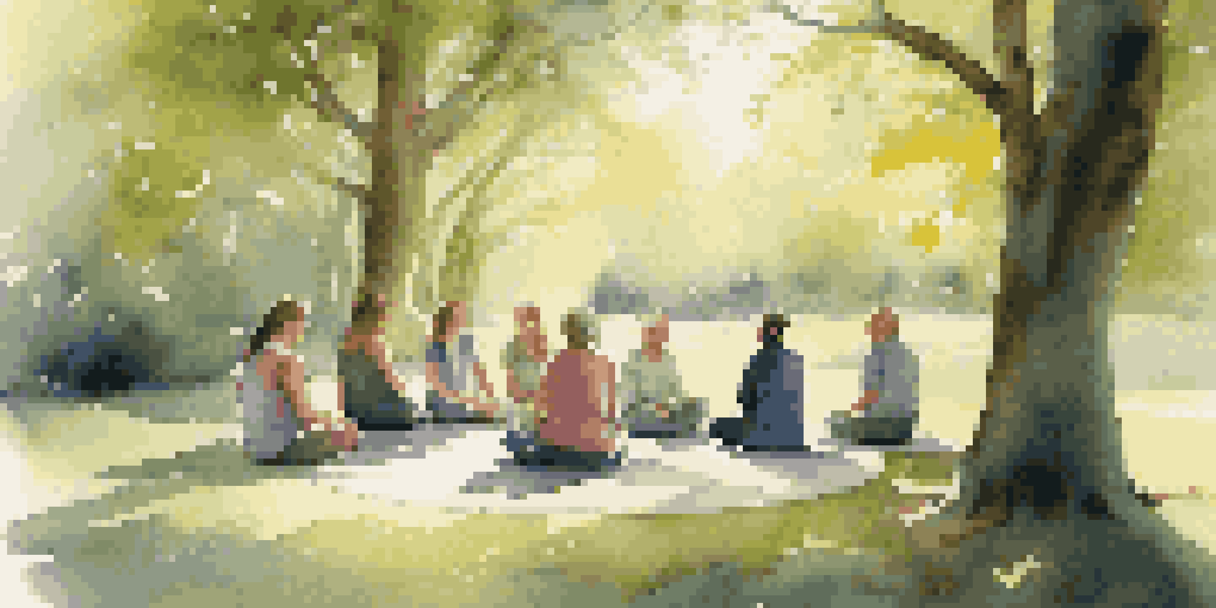 A peaceful group of people sitting in a circle under trees, practicing Emotional Freedom Techniques in a serene retreat environment.