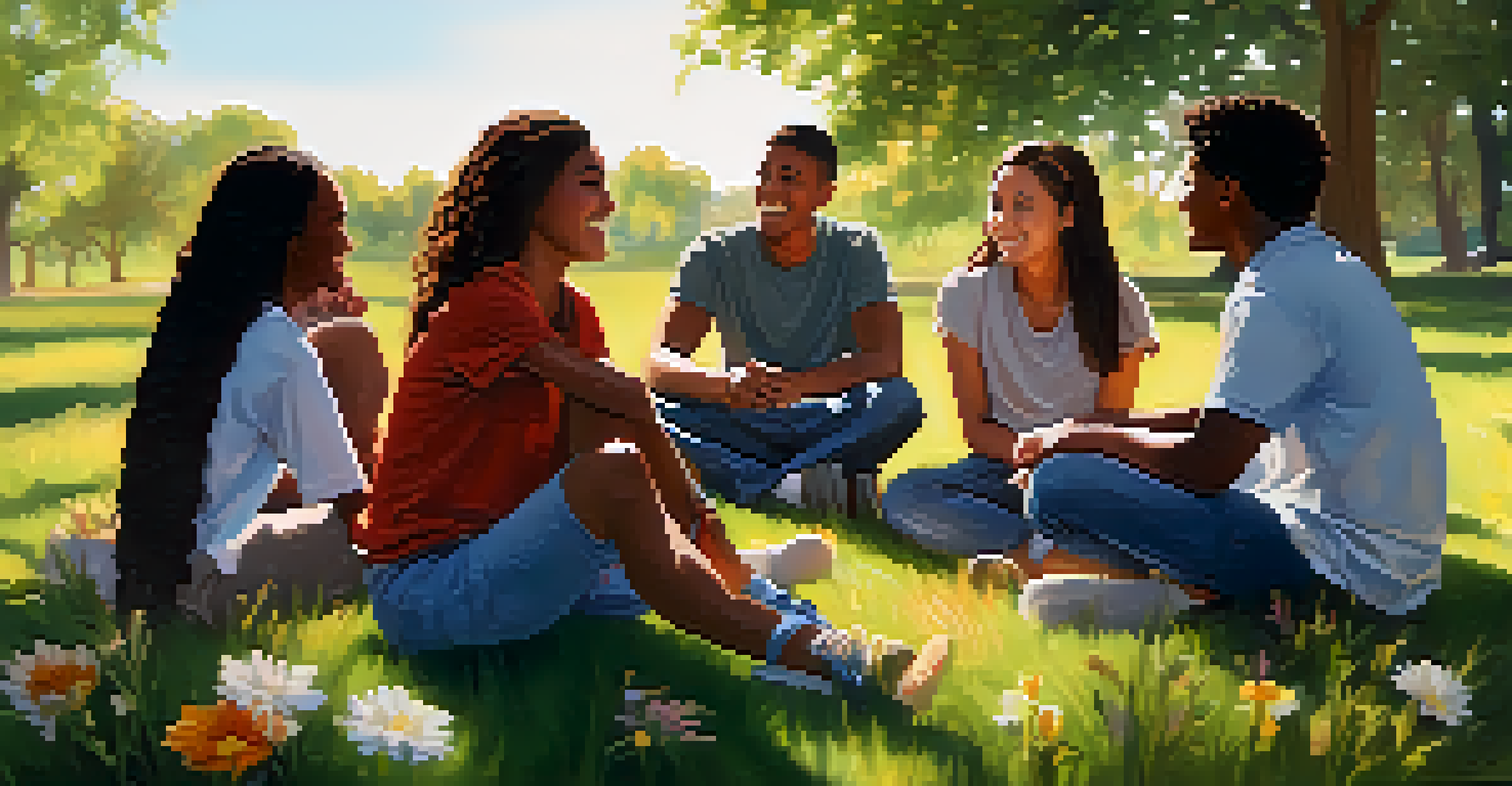 A diverse group of young people sitting in a circle on a grassy field, happily participating in a mental health support group under the sunlight.