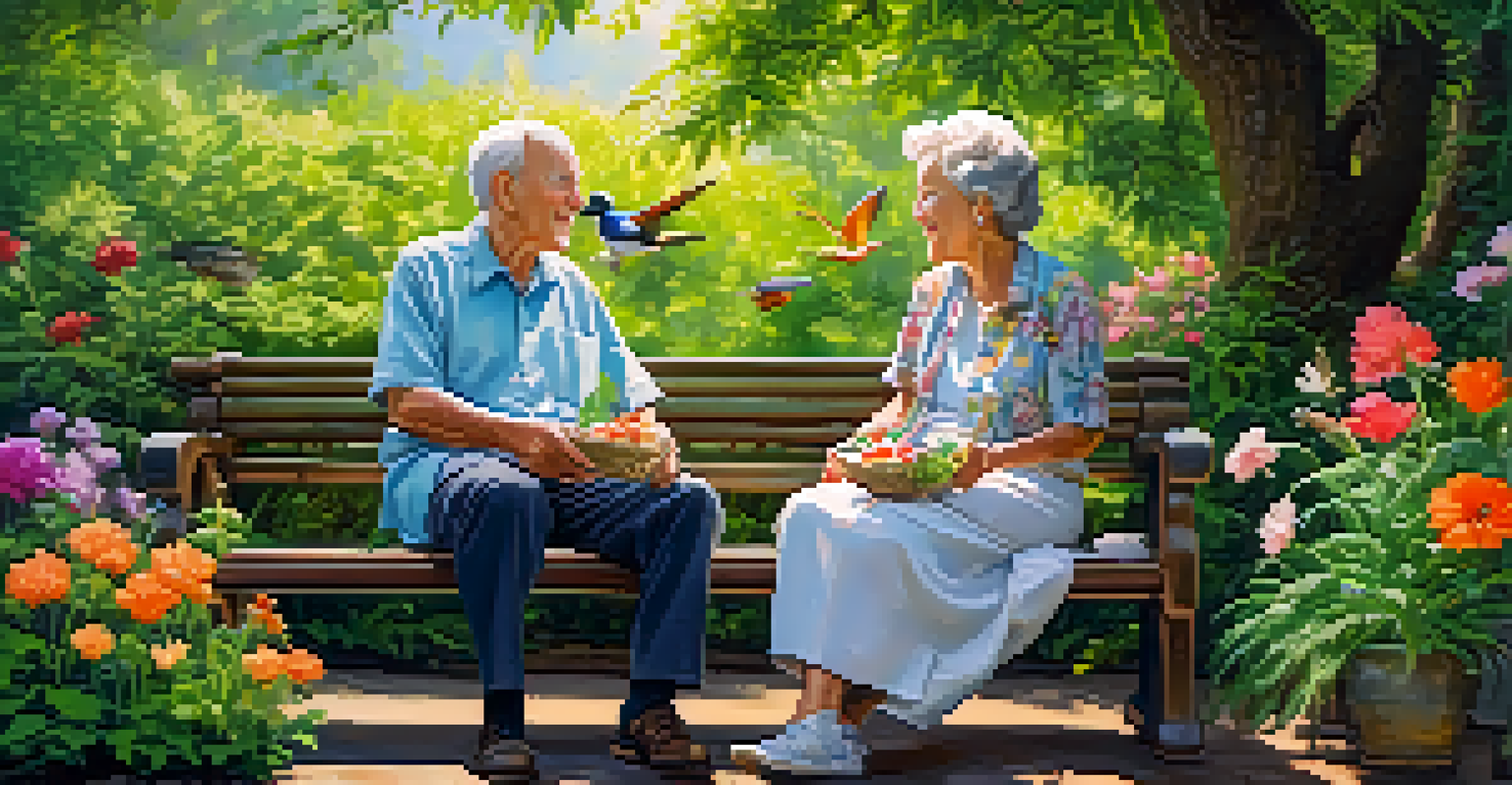 An elderly couple happily feeding birds in a beautiful garden, surrounded by lush greenery and colorful flowers, with soft sunlight on their faces.