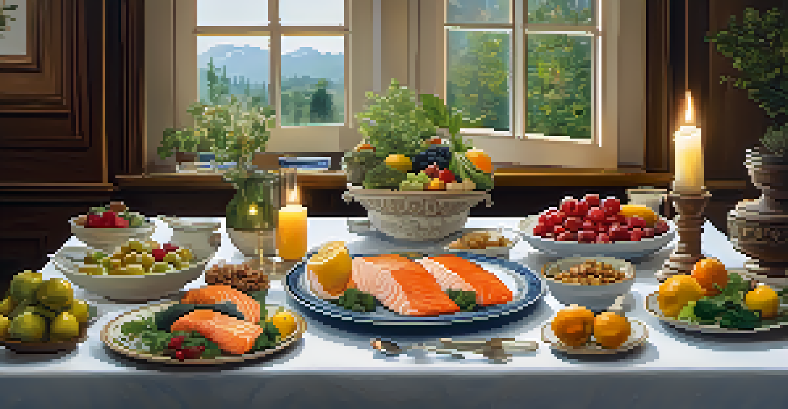 A dinner table set with healthy foods like salmon and fruits, surrounded by candlelight in a cozy kitchen.