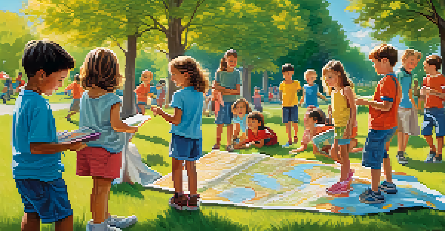 Children participating in a scavenger hunt in a park, with a colorful map and items scattered around, creating a fun atmosphere.