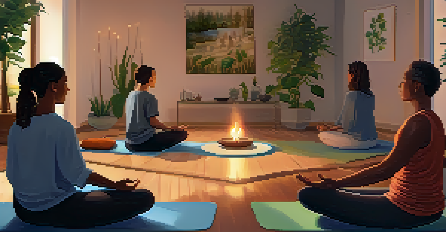 A serene indoor mindfulness workshop with participants meditating in a circle, surrounded by plants and softly lit candles, creating a calming atmosphere.