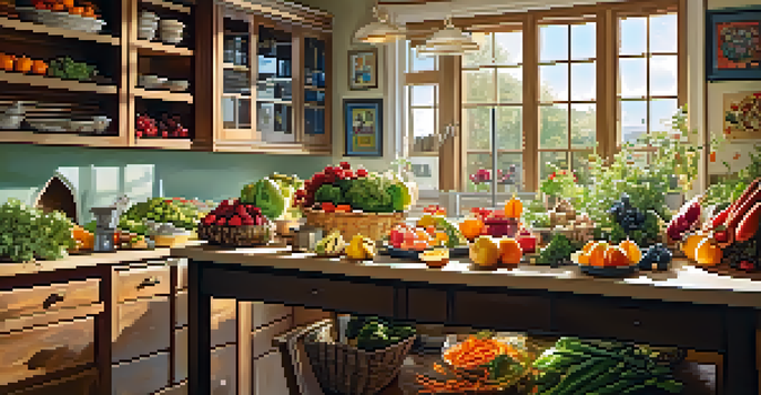 A warm kitchen with a wooden table full of colorful whole foods, including fruits and vegetables, illuminated by sunlight.